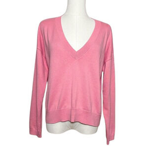 Open Edit Bubblegum Pink Cotton Blend Deep V Neck Long Sleeve Sweater Small